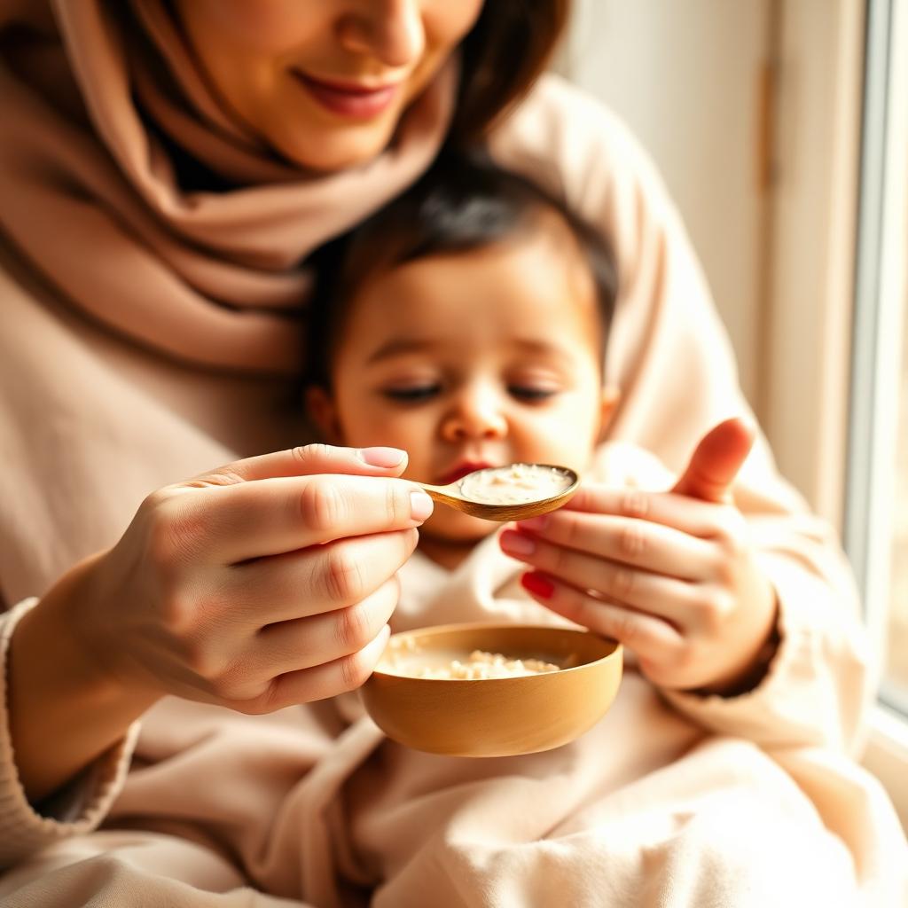 أمّ تُطعم صغيرها وجبة منزلية مغذّية